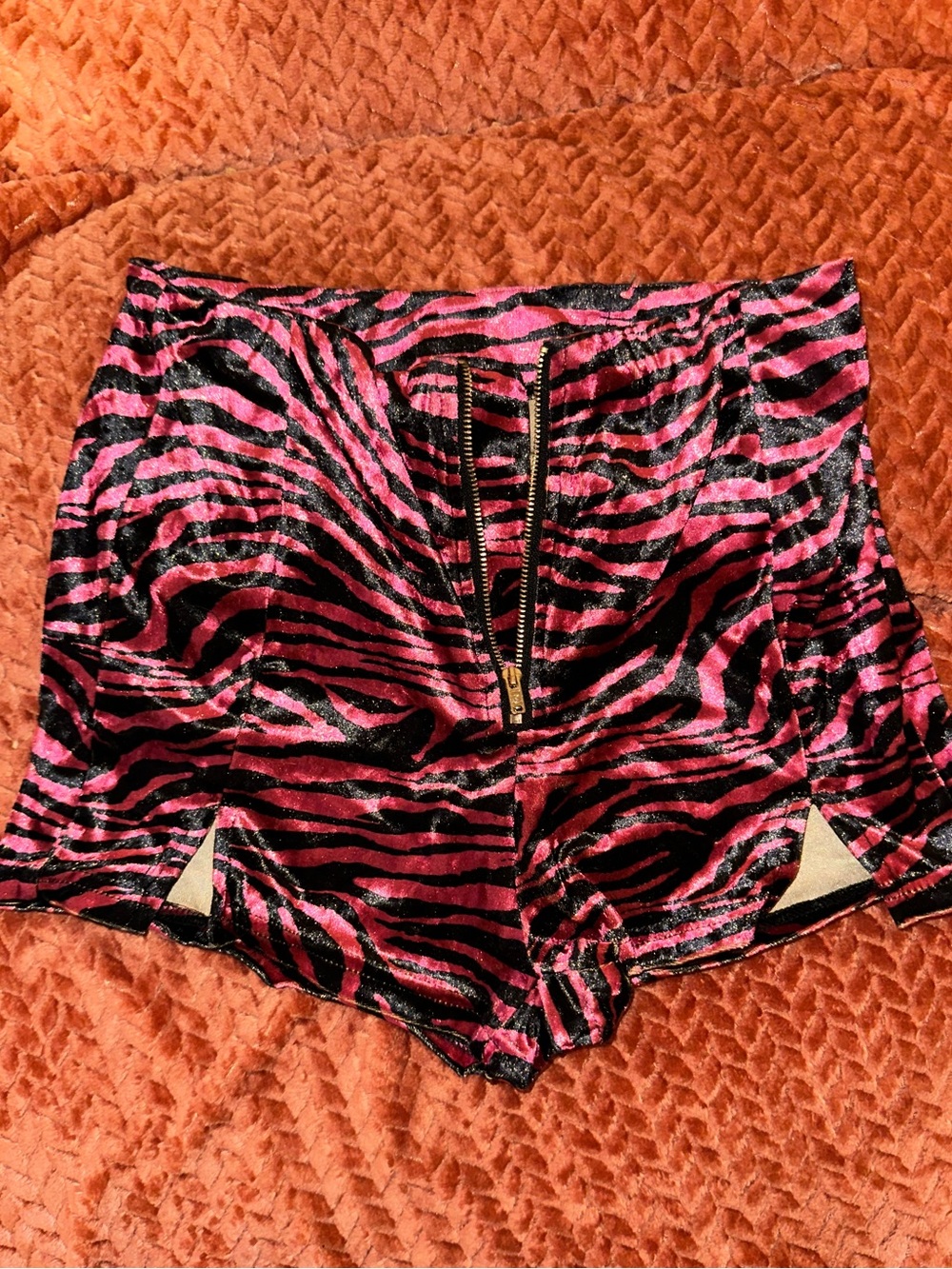 SHEIN Red and Black Velvet Zebra High-Waist Shorts